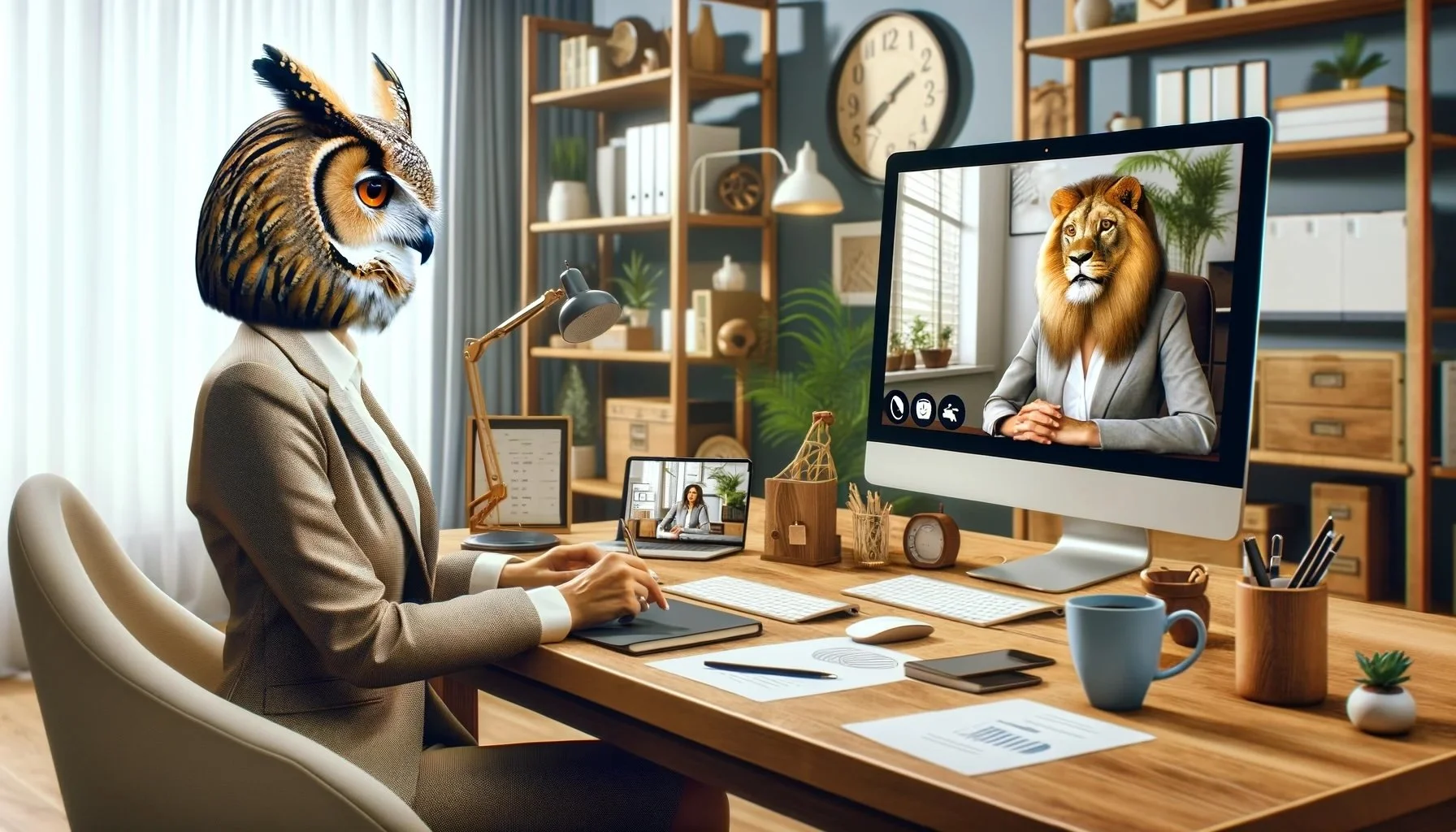 A person with an owl's head sitting at a desk with a lion's head on the computer screen, in a modern office setting.