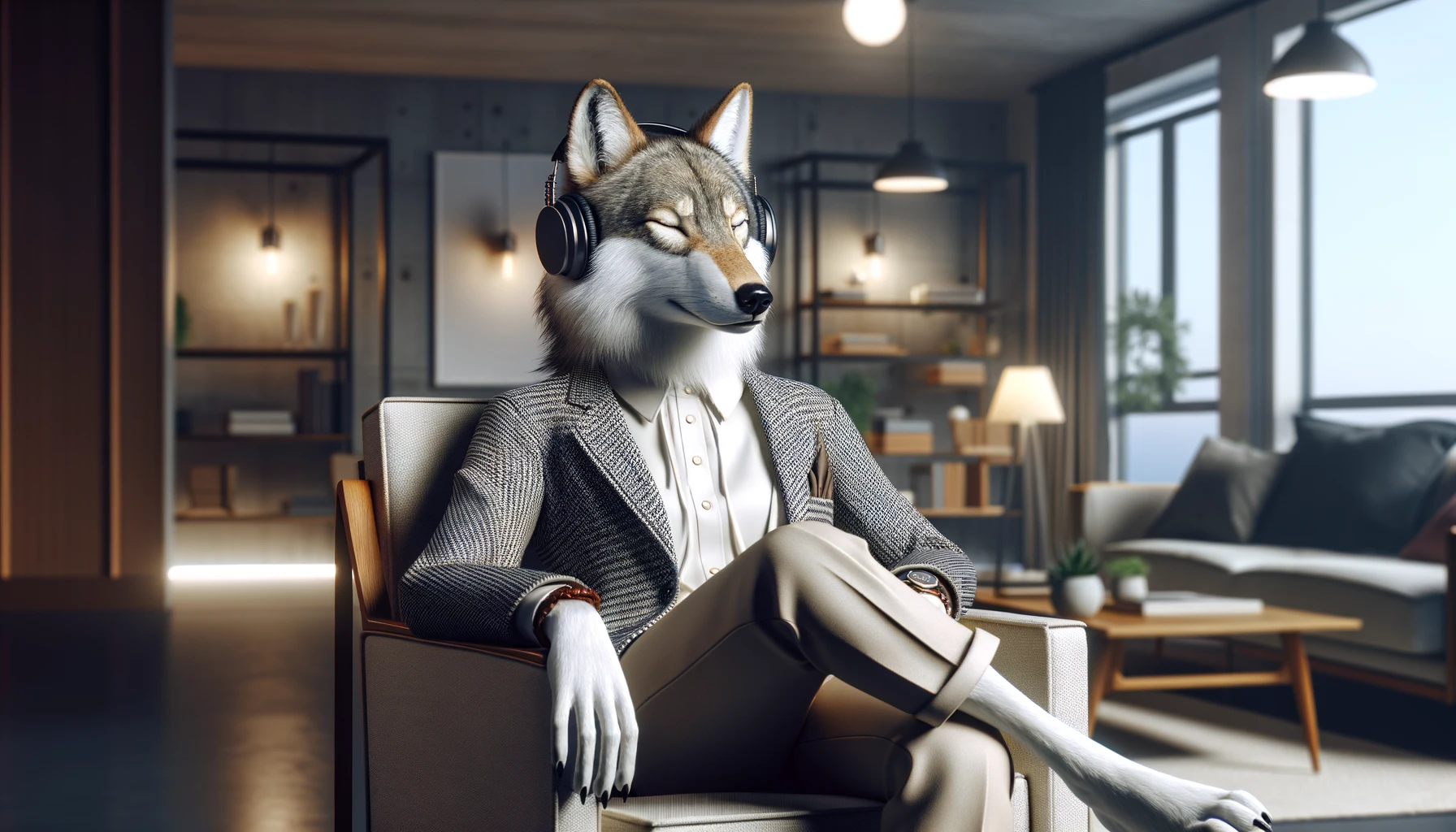 A humanoid wolf with a wolf's face, dressed in business attire, sitting in a modern living room wearing headphones with eyes closed.
