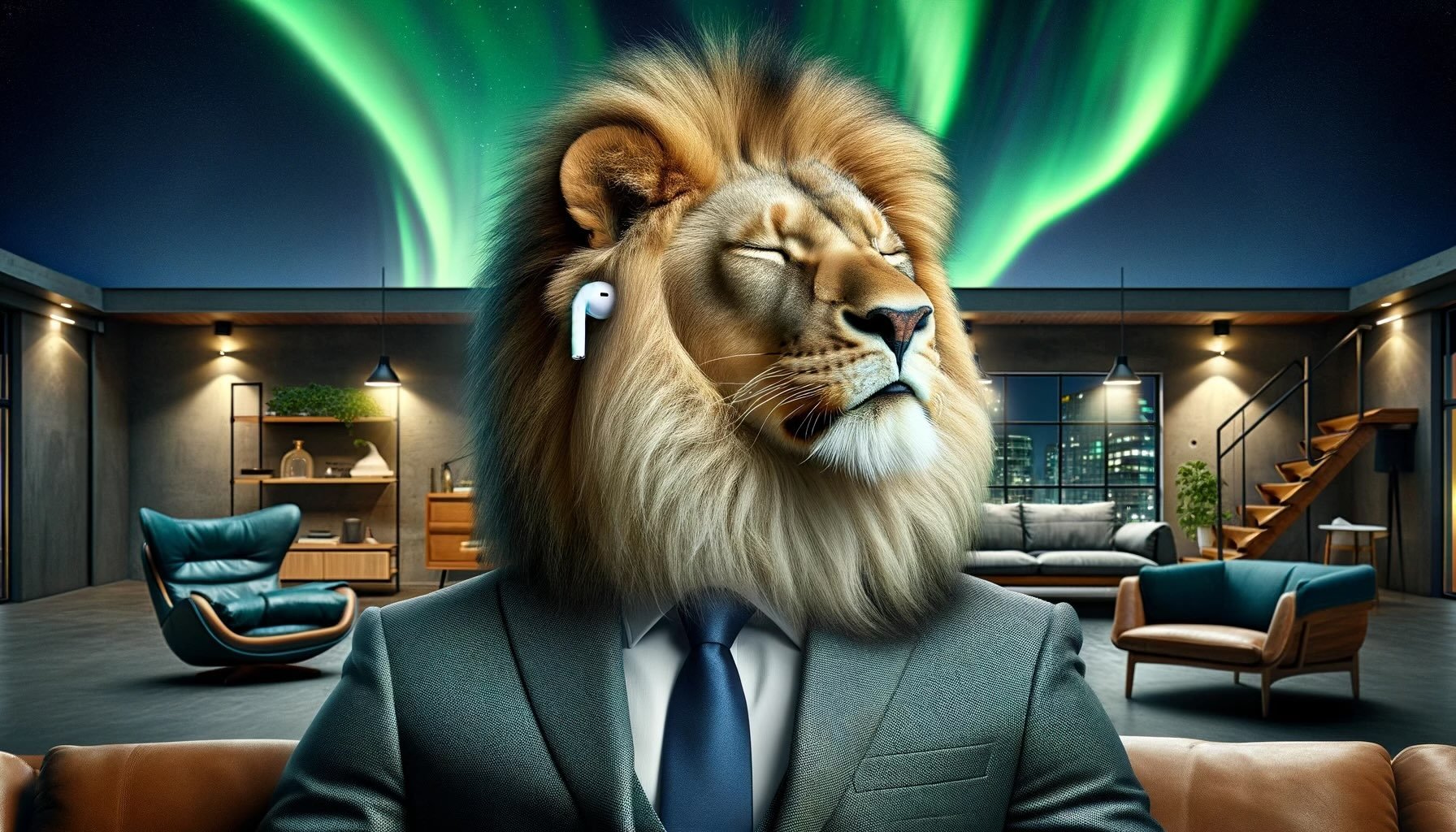 A lion with a human body dressed in a suit and tie, wearing wireless earbuds, in a modern living room with Scandinavian-style furniture and a city skyline through large windows, under the northern lights.