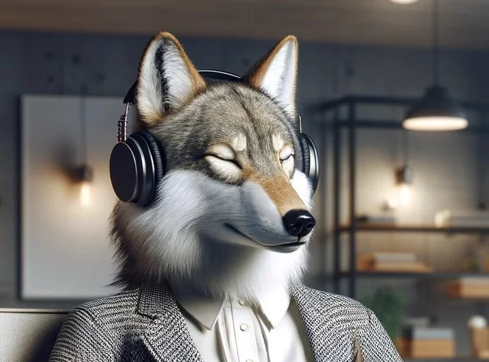 A digitally illustrated anthropomorphic wolf with closed eyes, wearing headphones and a business suit in a modern office setting.