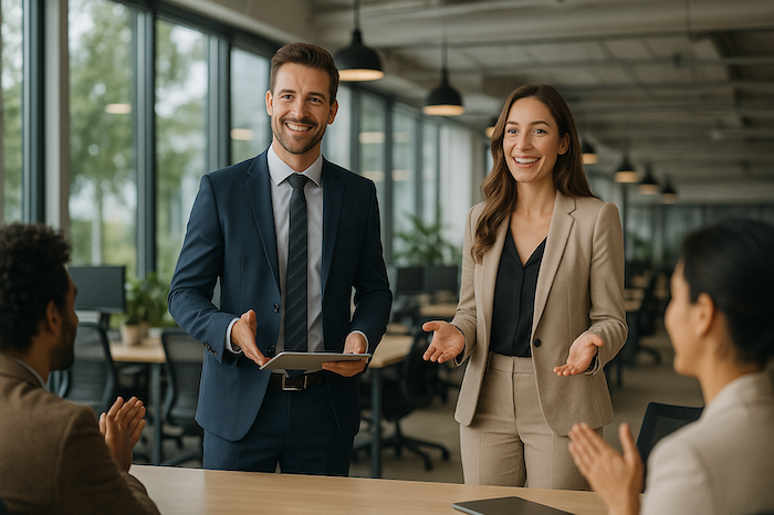 Two professionals, a man in a suit holding a tablet and a woman in a beige suit, speaking and smiling in an office with colleagues clapping.