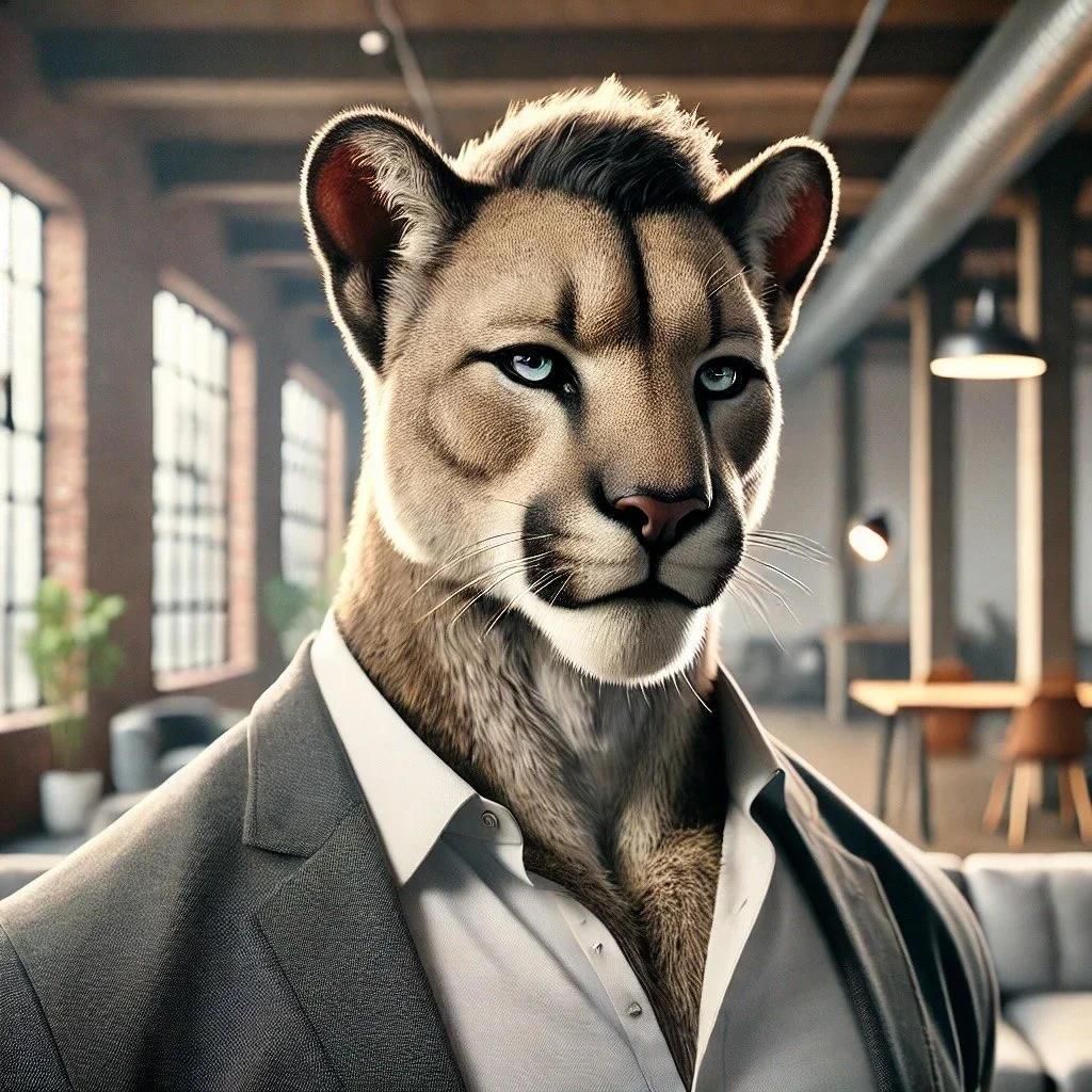 An anthropomorphic cougar with blue eyes wearing a gray suit and white shirt in an office setting.