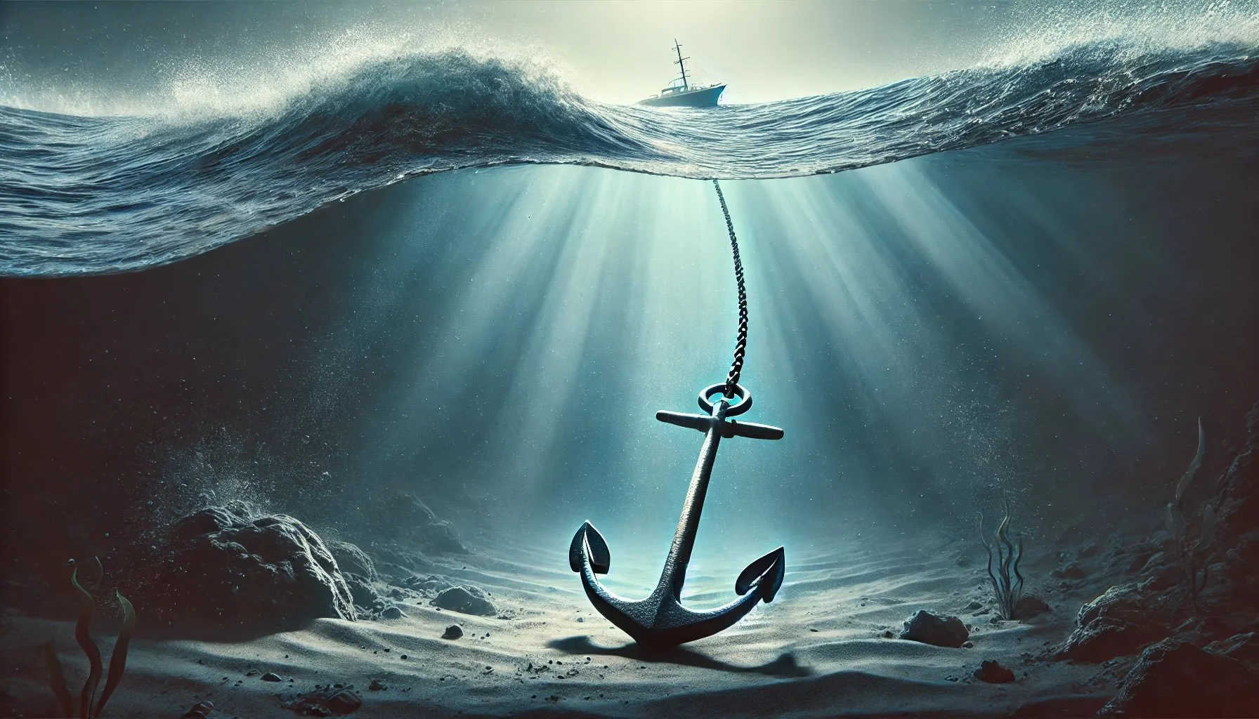 An underwater scene with an anchor on the ocean floor, cracked rocks, seaweed, and sunlight streaming through the water surface, with a ship visible in the distance.