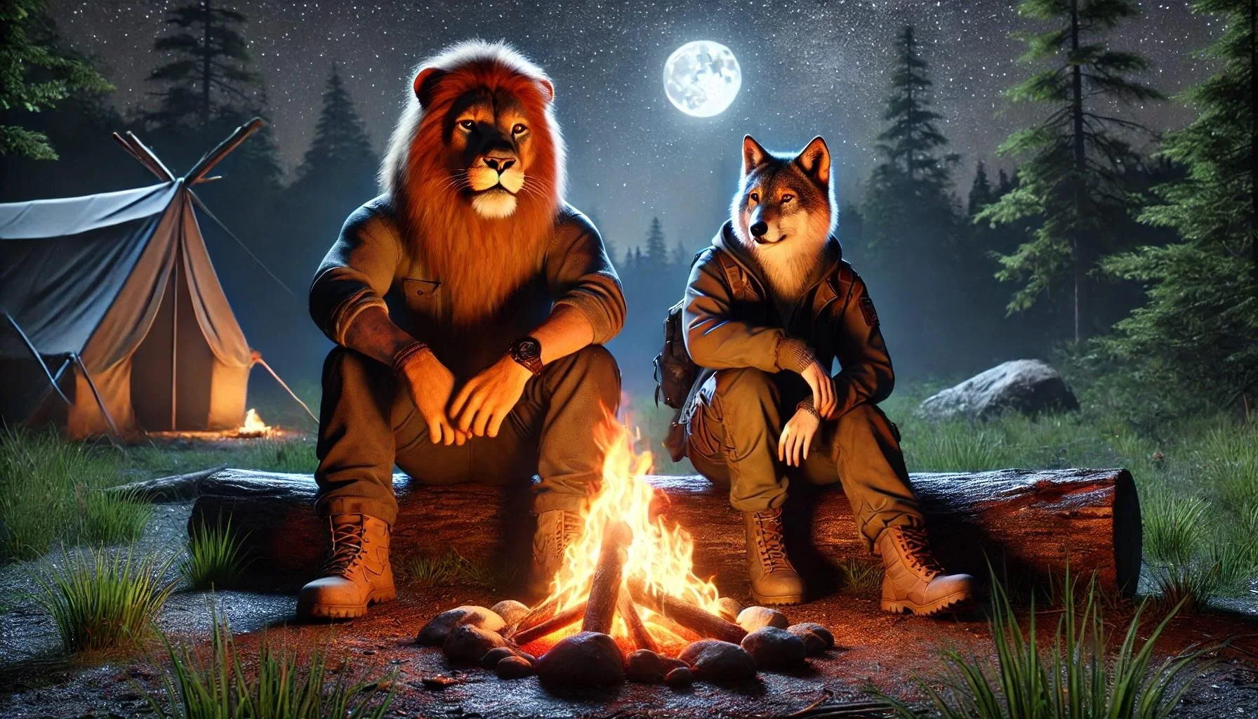 A lion and a wolf with human-like bodies sitting by a campfire in a forest at night with a tent and trees in the background, under a full moon.