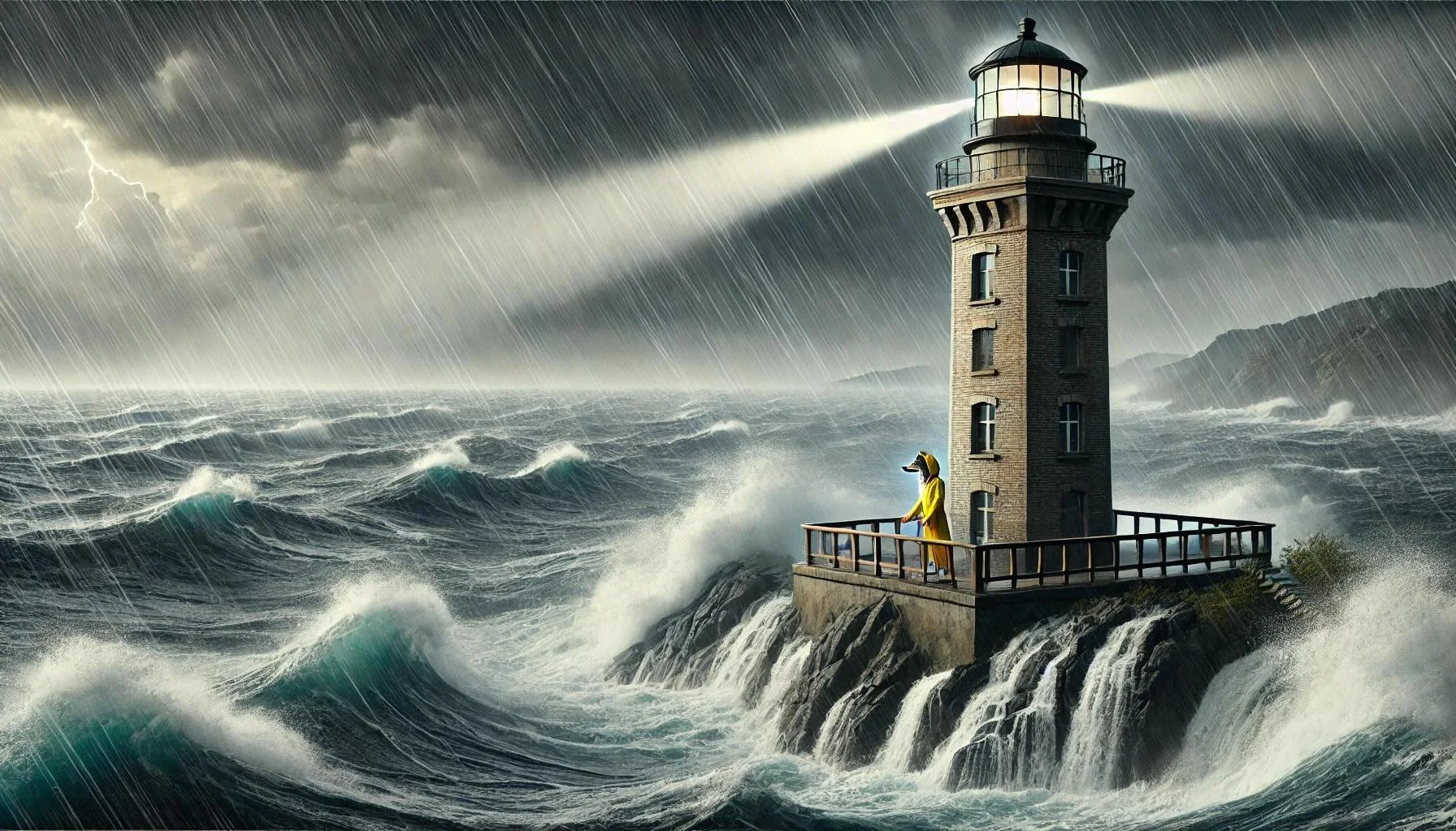 A lighthouse on a rocky outcrop in a stormy sea with large crashing waves, dark clouds, and a lightning strike in the sky. A person in a yellow raincoat stands on the lighthouse's balcony, holding a phone or camera.