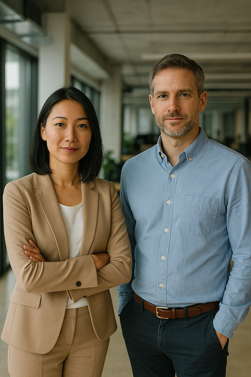 A professional woman and man standing side by side in an office with large windows and modern decor.