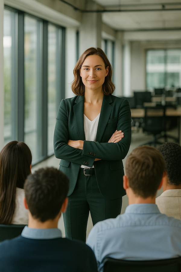 A woman in a dark green blazer and white top speaking confidently to a group of diverse colleagues in a modern office conference room.