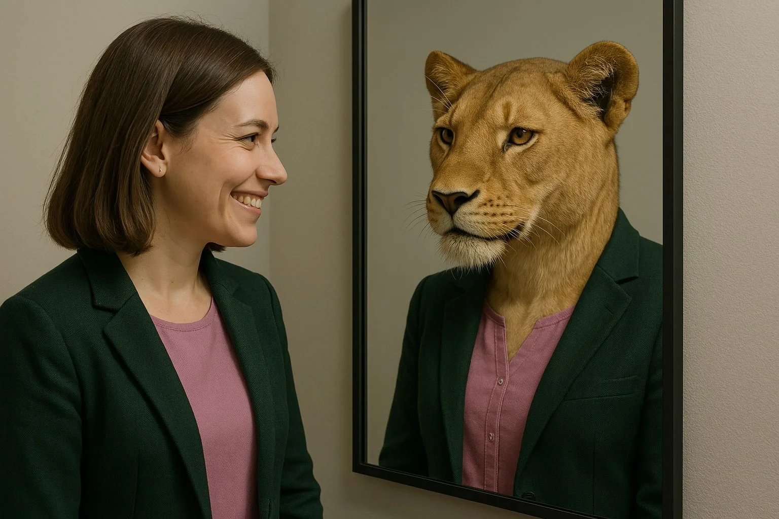 A woman smiling at her reflection in a mirror that shows her with a lioness face, both wearing dark green suits and pink shirts.