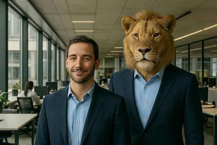 A person with a human body and a lion's head standing in an office building.