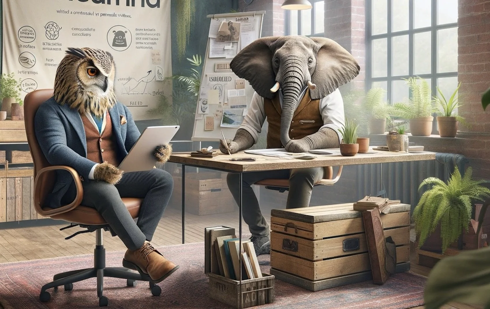 A humorous illustration of an office scene featuring two characters with animal heads: an owl and an elephant. The owl is seated in an office chair, wearing a suit and looking at a tablet. The elephant, wearing a vest and shirt, is sitting at a desk writing on a paper. The office is decorated with plants, books, and posters, with sunlight streaming through large windows.