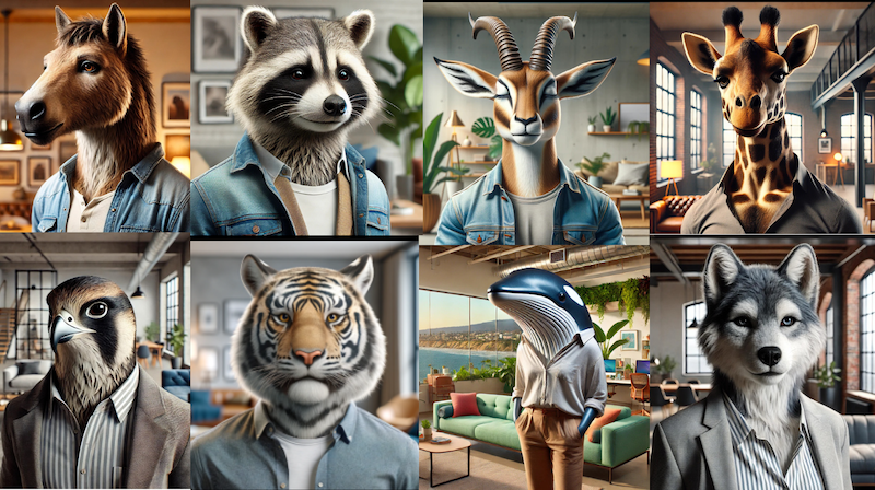 Collection of anthropomorphic animals in stylish indoor settings, including a horse, raccoon, gazelle, giraffe, eagle, tiger, dolphin, and husky, dressed in human clothing.