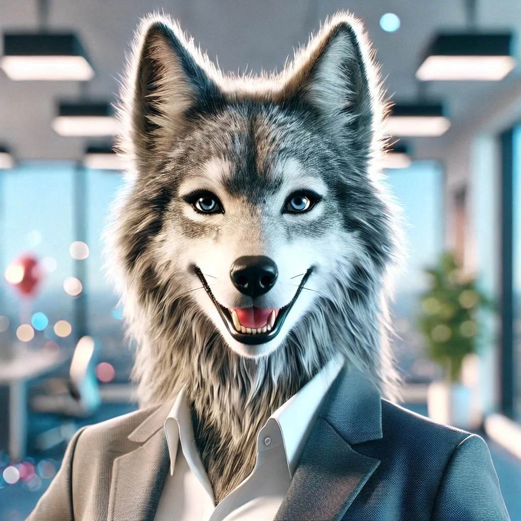 An anthropomorphic husky dog wearing a suit and tie in an office setting.
