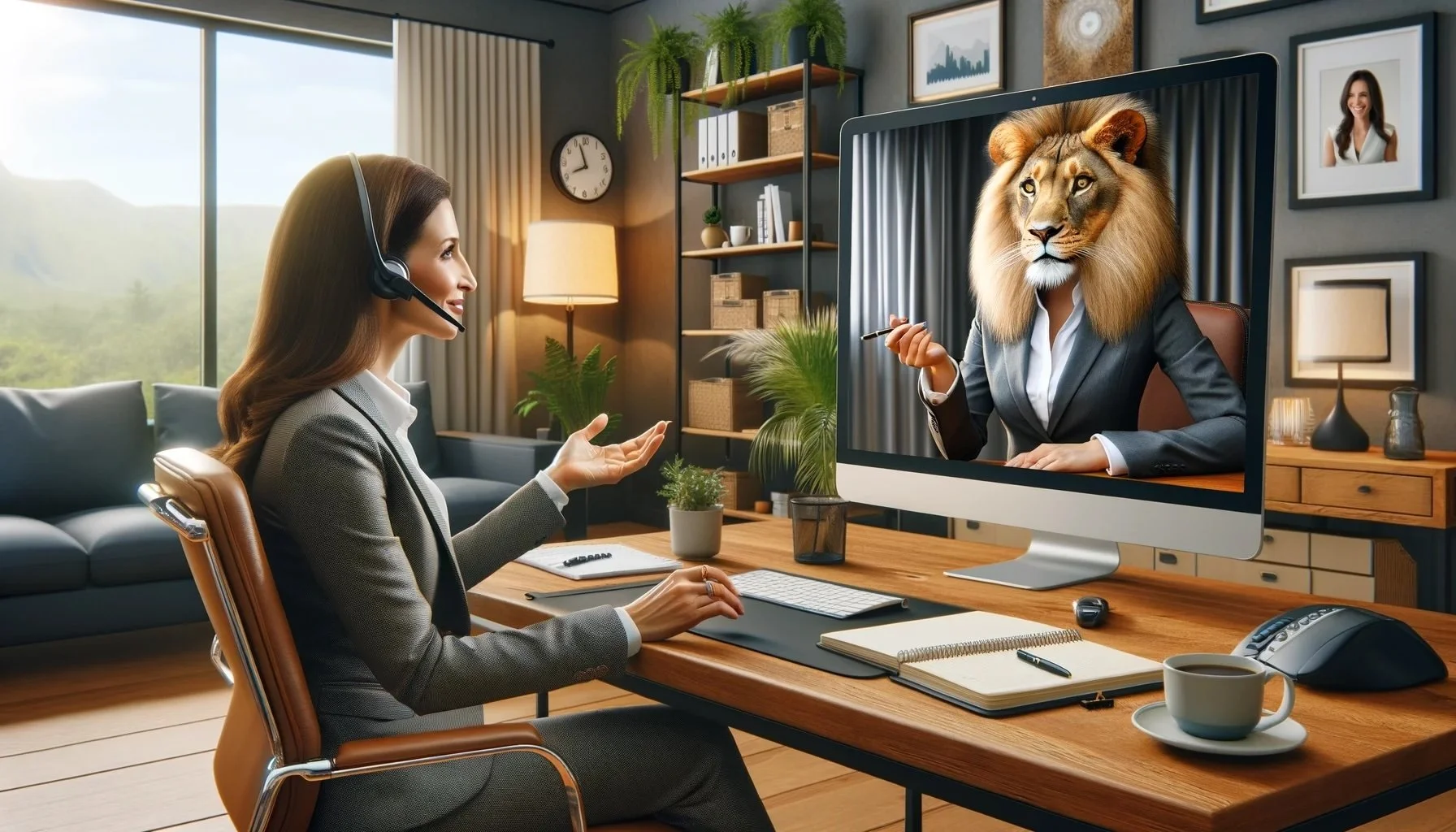 A woman in a business suit with a headset participating in a video call on her computer. On the screen is a person with a lion's face wearing a suit, holding a pen, and speaking.