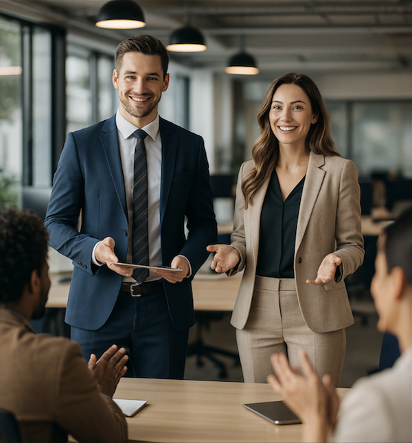 A man and woman in business attire standing and speaking to a group in a modern office conference room, smiling.