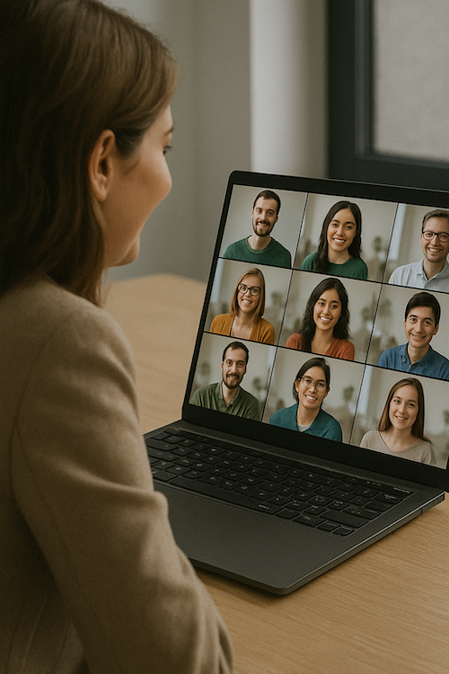 A woman participating in a video conference call on her laptop, showing nine smiling people in individual video windows.