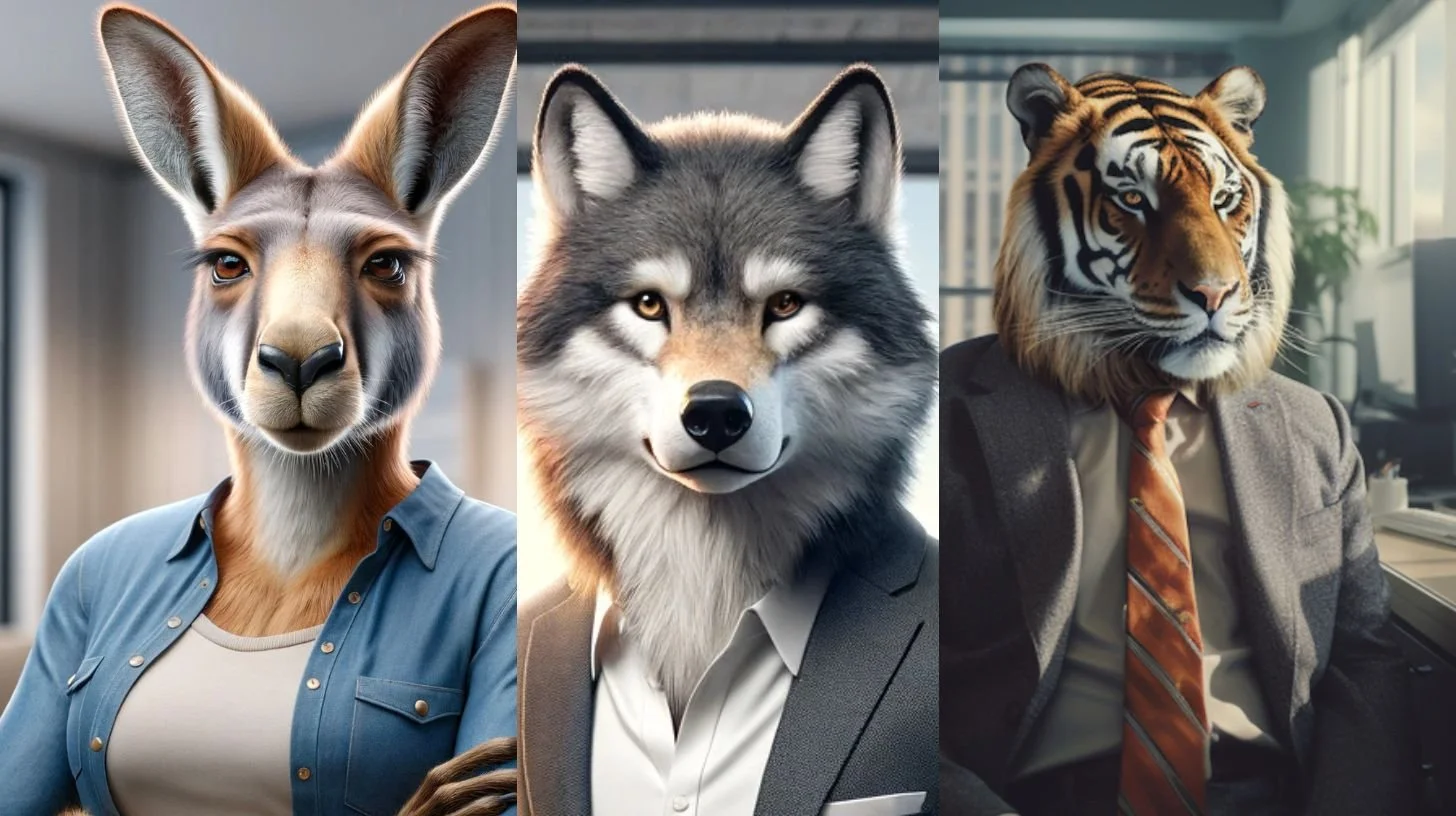 Three animals dressed in business attire: a kangaroo in a blue shirt, a wolf in a gray suit, and a tiger in a gray blazer and tie.