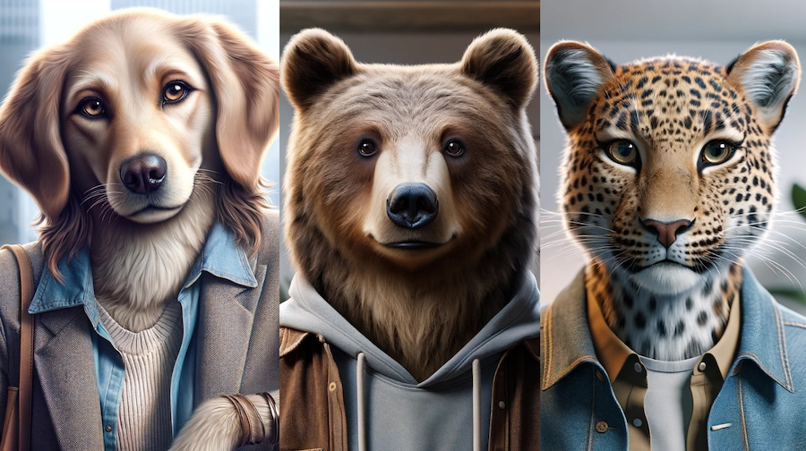 Three animals with human-like features dressed in casual and semi-formal clothing: a dog, a bear, and a jaguar.