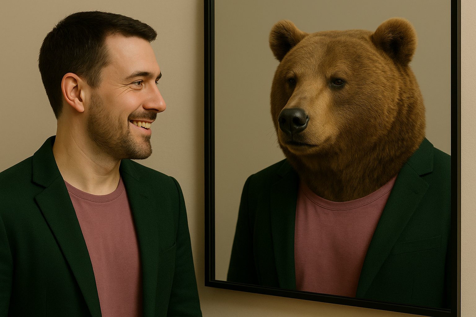 A man smiling and looking at a bear in a mirror. The bear has a human-like body and is wearing a blazer.