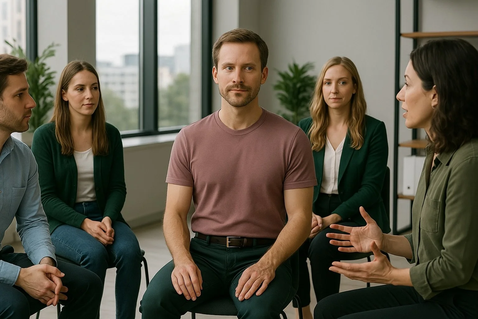 A group therapy session in a bright room with large windows, where a woman is speaking and five adults are listening attentively, sitting in chairs arranged in a semi-circle.