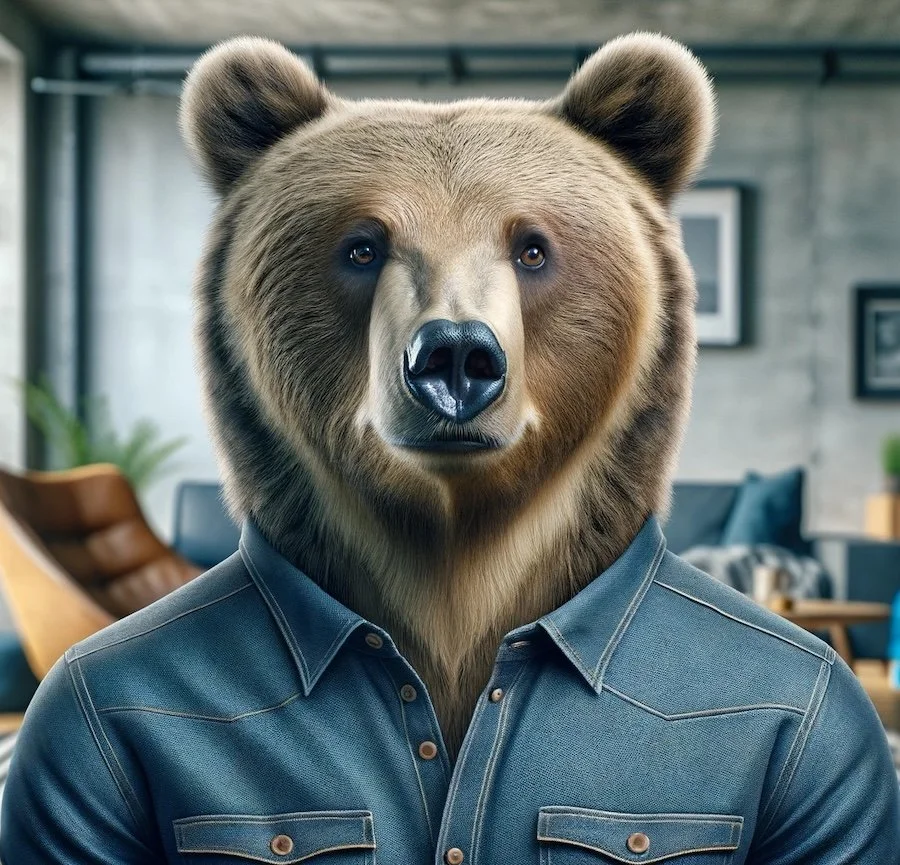 A bear with human-like body wearing a blue shirt, in a modern indoor setting.