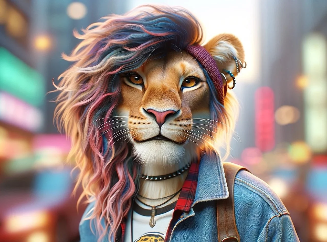 Anthropomorphic lion with a colorful, wavy hairstyle, wearing a denim jacket, beaded accessories, and a backpack, set against a city street background.