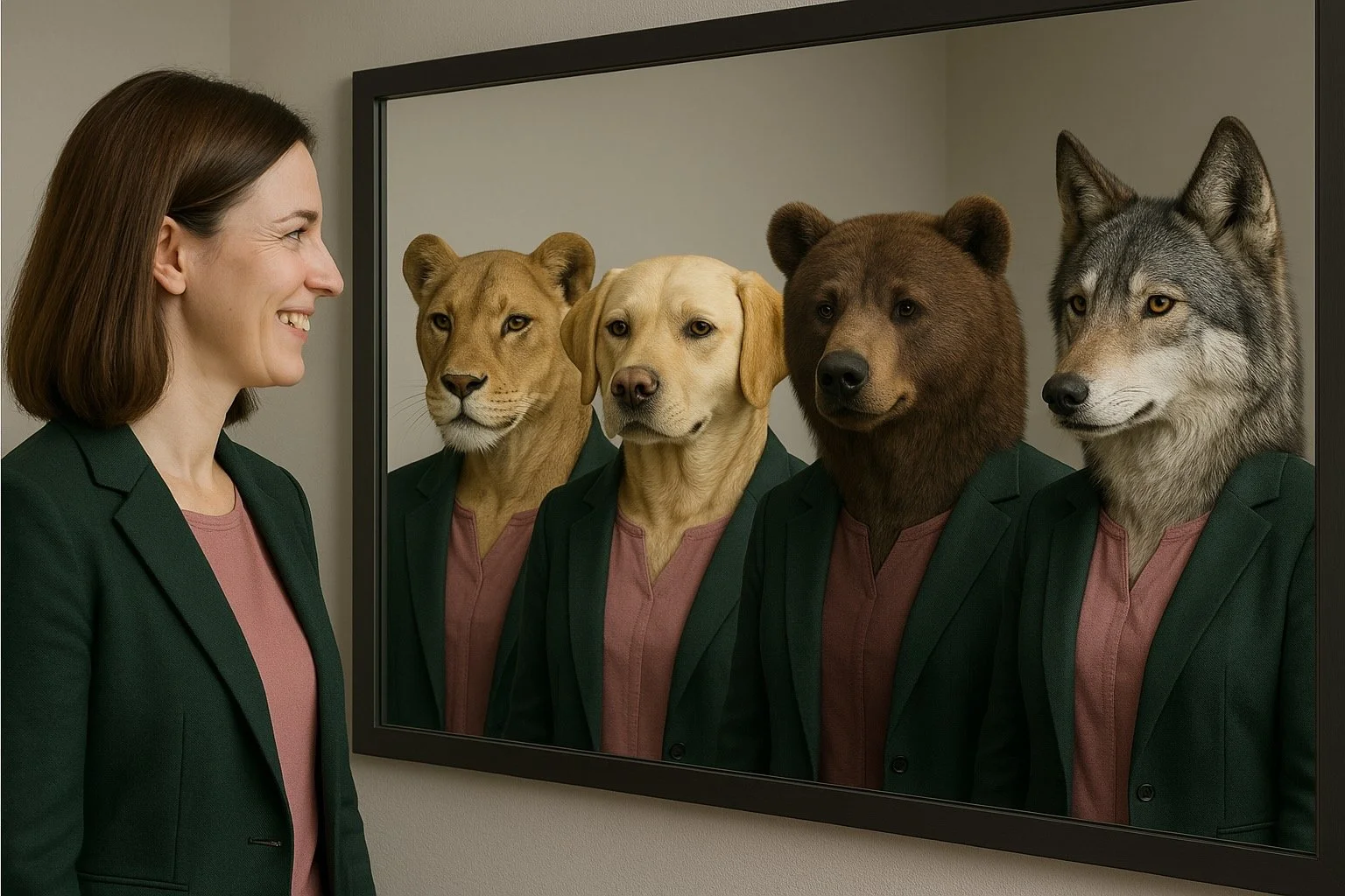 A woman smiling at her reflection in a mirror that shows four animals with human bodies wearing business suits: a lioness, a Labrador, a bear, and a wolf.