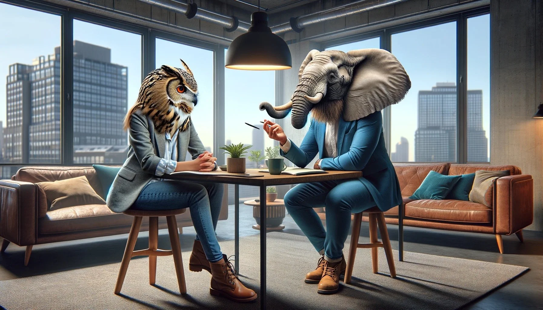 Two people with animal heads, an owl and an elephant, sitting at a table in a modern office with large windows and cityscape view, having a conversation.
