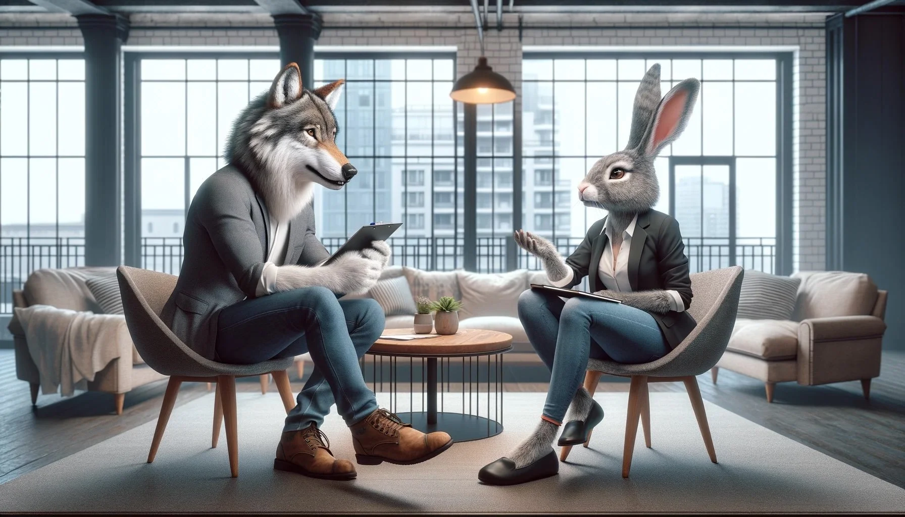 Anthropomorphic wolf and rabbit having a conversation in a modern office lounge, sitting on chairs with a small coffee table in between, outside city view through large windows.