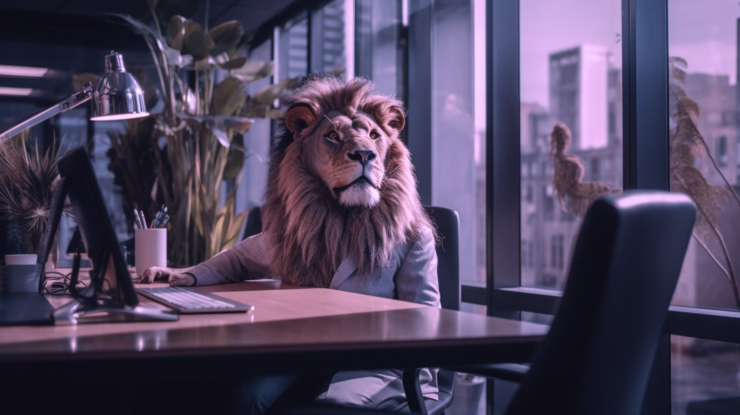 A person with a lion mask seated at a desk in an office, with large windows and plants in the background.