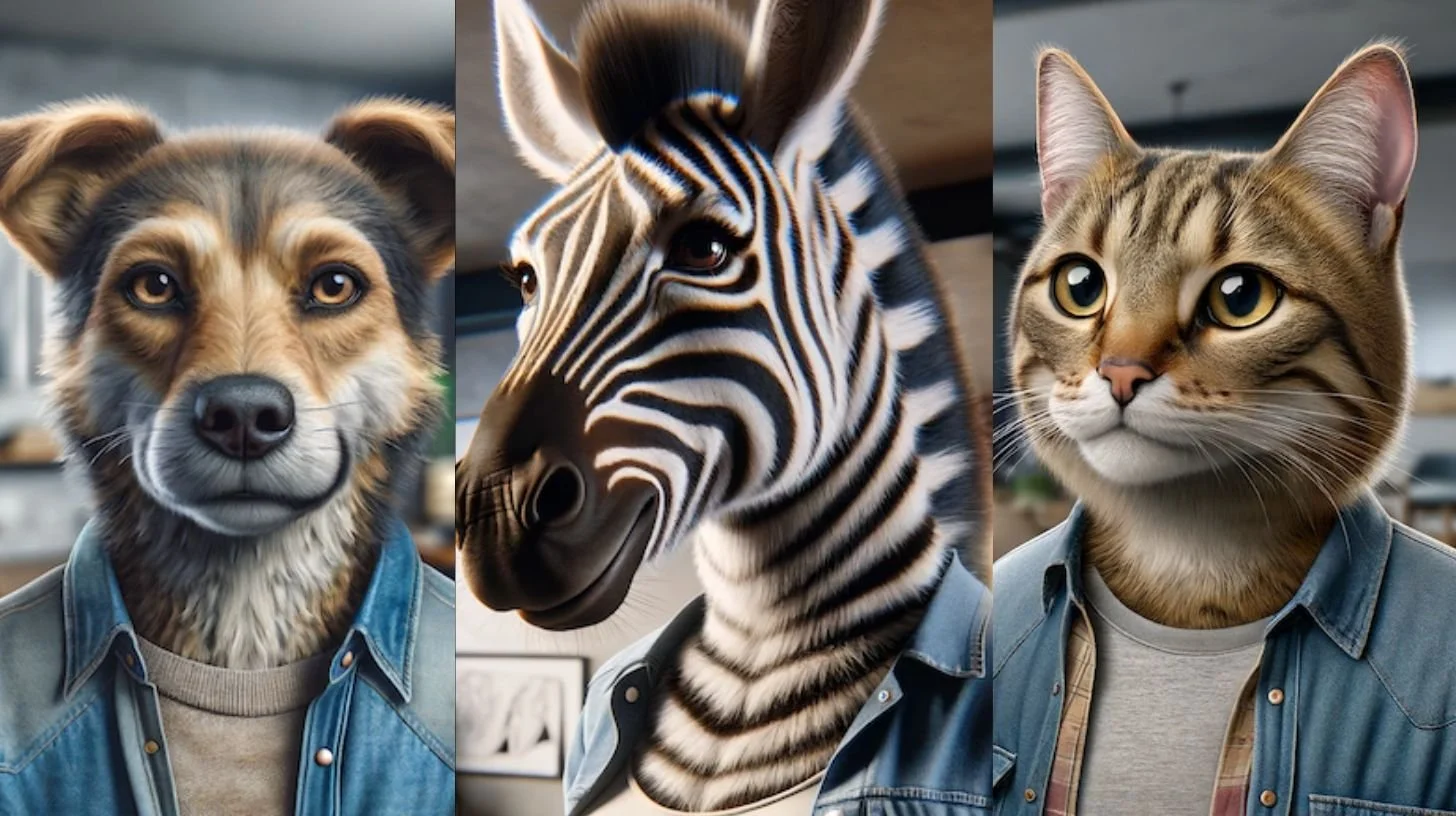 Three anthropomorphic animals, a dog, a zebra, and a cat, all wearing denim shirts and looking in different directions.
