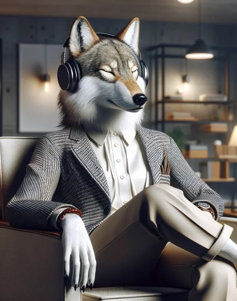 A humanoid fox in business attire wearing headphones, sitting in an office environment.