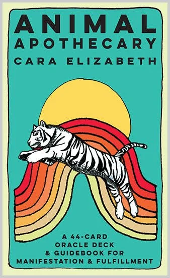 Book cover titled 'Animal Apothecary' by Cara Elizabeth, featuring a tiger leaping over rainbow-colored waves with a yellow sun in the background.