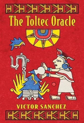 Book cover of 'The Toltec Oracle' by Victor Sanchez featuring colorful Aztec-style illustrations, including a figure with a headdress and an eye symbol, set against a red background with decorative borders.