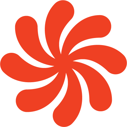 Red abstract swirl design resembling a flower or a pinwheel.