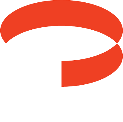 Abstract logo design with red, black, and white curved shapes.