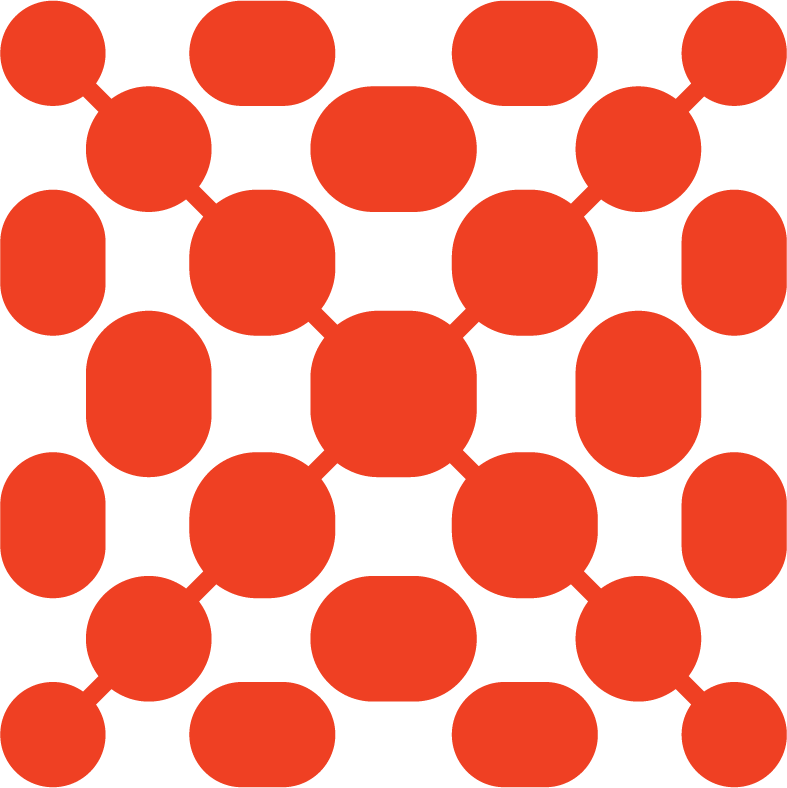 A pattern of red circles interconnected with lines on a black background.