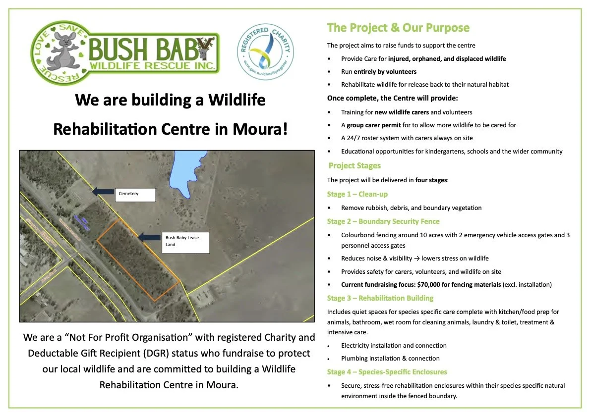 Flyer for Bush Baby Wildlife Rescue Inc., detailing plans to build a wildlife rehabilitation center in Moura, including a map, project stages, and fundraising goals.