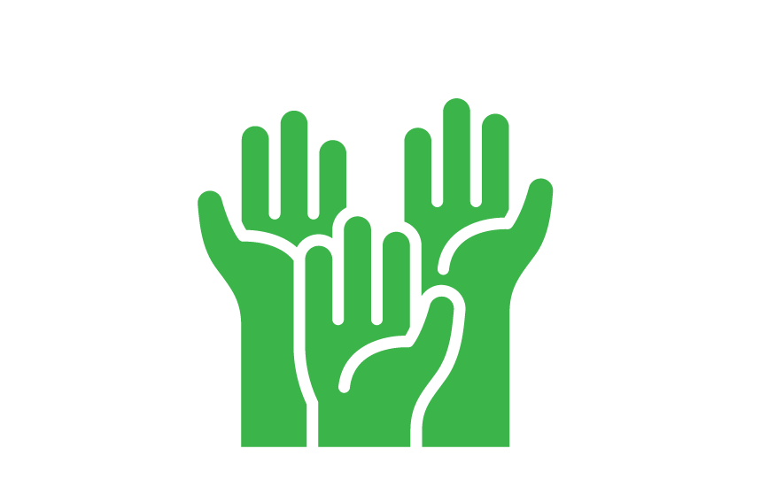 Three overlapping green hands raised with palms facing forward, symbolizing support or unity.