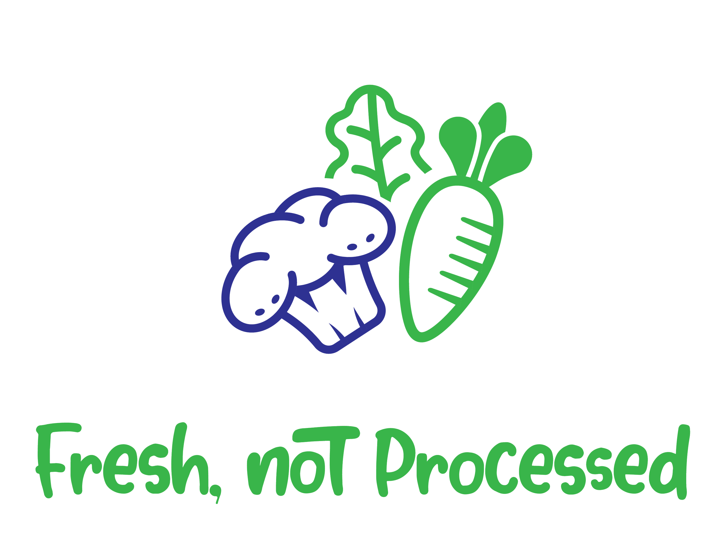 Colorful sign with illustrations of vegetables and the text 'Eat Fresh, Not Processed'.