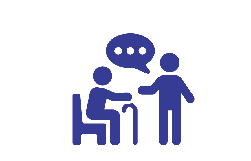Icon of a person talking to an elderly person sitting in a chair with a cane, with a speech bubble above them.