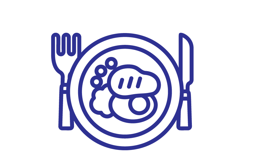 Line drawing of a plate with various food items, fork on the left, knife on the right, all in dark blue outline.