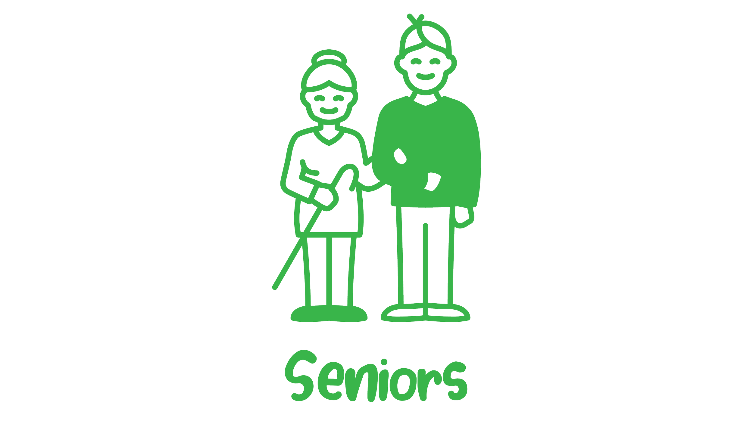 A line drawing of a senior woman and man, both smiling. The woman wears glasses, a cardigan, and holds a cane. The man has glasses and appears to be wearing a sweater. Beneath the image, the text reads 'Seniors' in green.