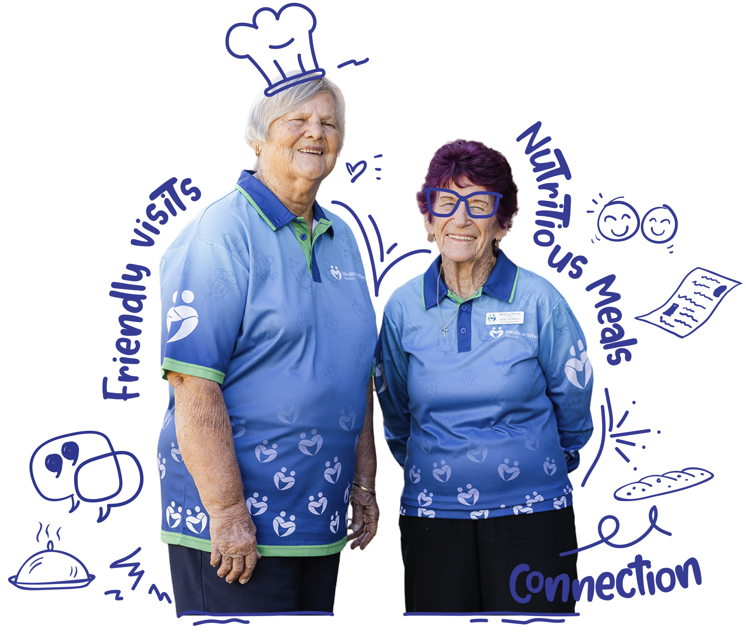 Two elderly women wearing blue shirts with a white heart logo, standing together and smiling. The women are wearing glasses, and one has short brown hair, while the other has short white hair.