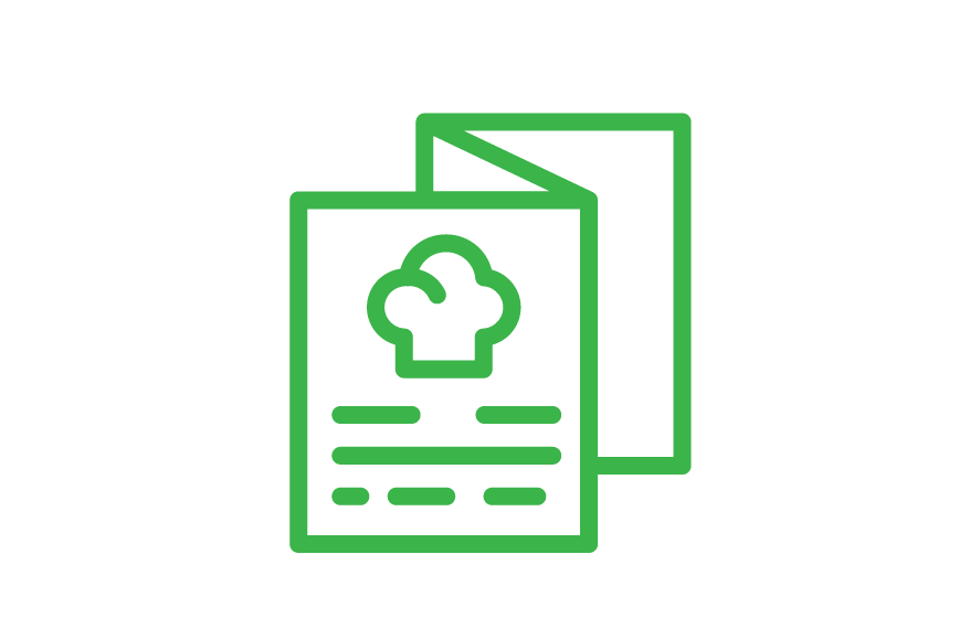 Green outlined recipe pages with a chef hat icon.