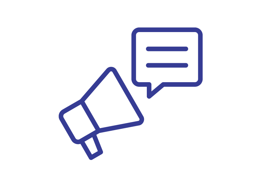 Outline of a megaphone with a speech bubble containing lines of text