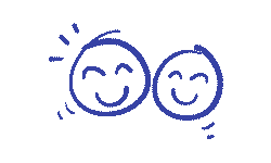 Two smiling cartoon faces with happy expressions, drawn in blue lines.