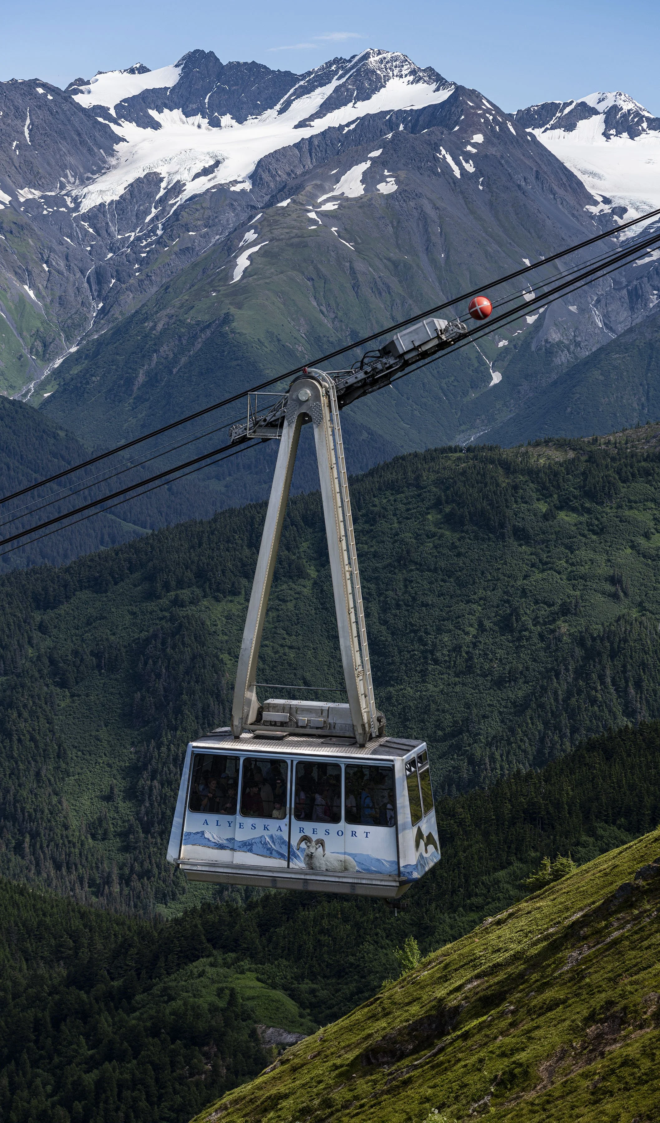 A gondola lift ascending a mountain with snow-capped peaks in the background, surrounded by lush green forests.