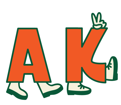 Illustration of the letters 'A' and 'K' with cartoon legs, arms, and sneakers, making a peace sign.