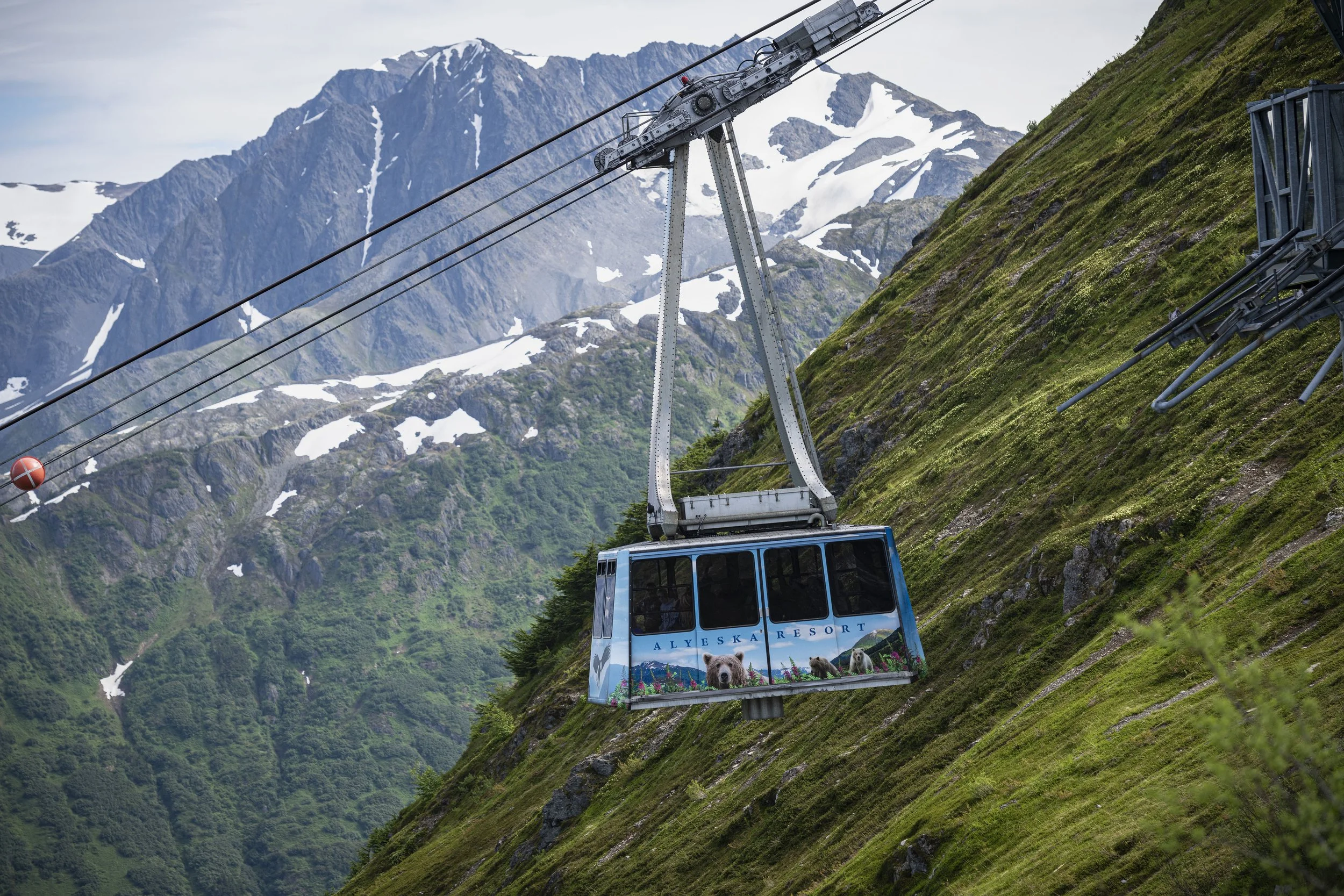 A cable car ascending a mountain hillside with snow-capped peaks in the background, and a cartoon sticker of bears on the car window.