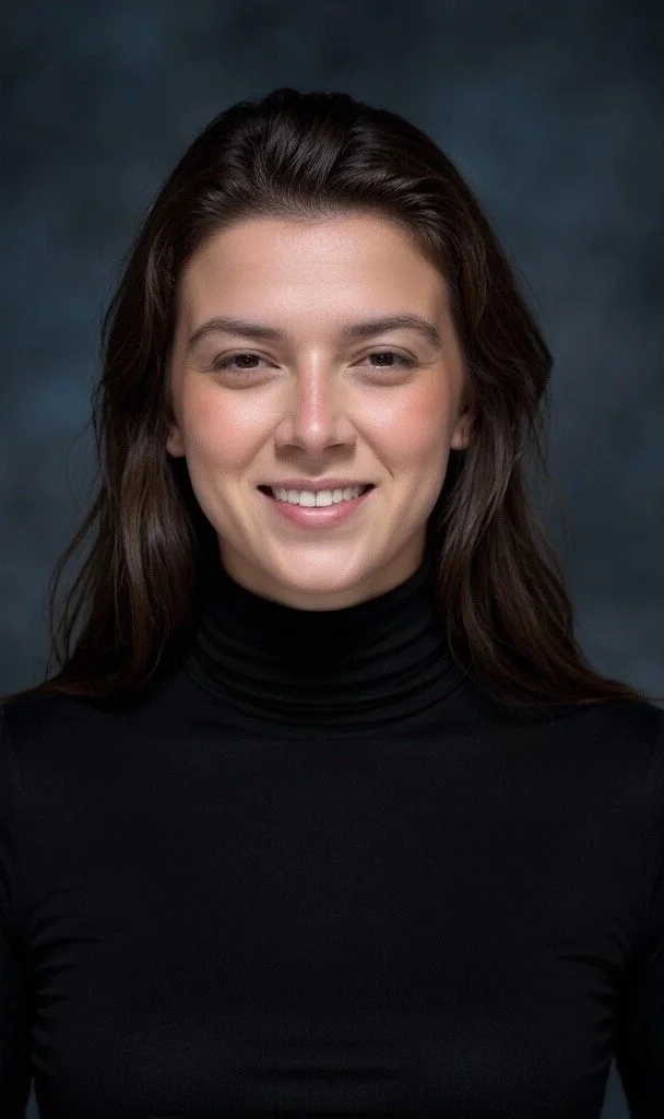A woman with long dark hair, wearing a black turtleneck, smiling in front of a dark background.